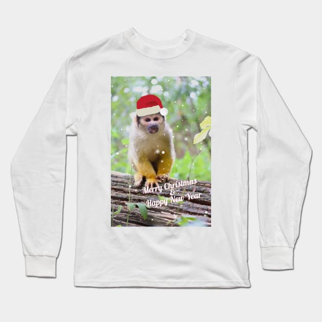 Black-capped squirrel monkey - Merry Christmas & Happy New Year Long Sleeve T-Shirt by AnimaliaArt